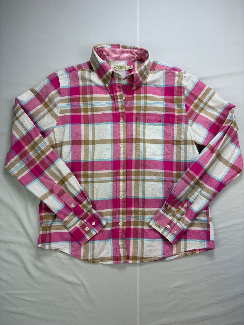 Rockies Fuchsia/Tan Plaid M Ladies Button-Down Shirt Rodeo Cowboy Country Farm